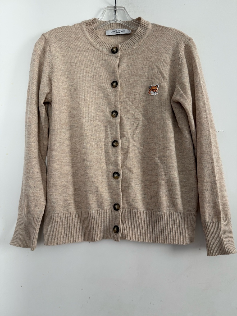 Maison Kitsune Fox Head Patch Wool Cardigan Beige Melange Sz M